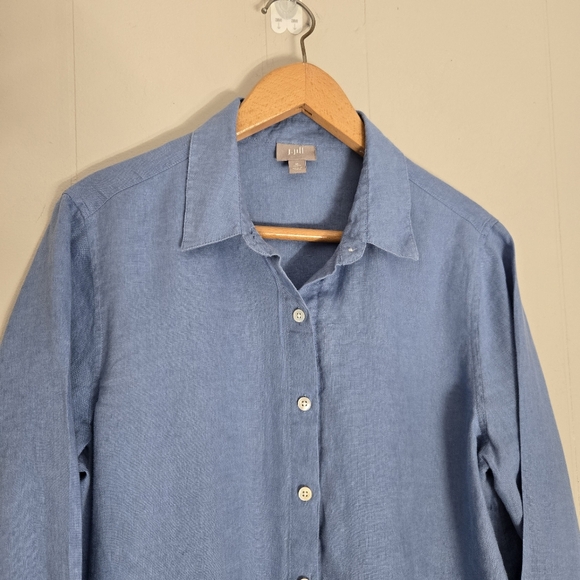 J. Jill Blue Linen Button Up Shirt Size M Petite Normcore Lagenlook Scandi Girl - Picture 2 of 8
